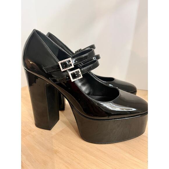 Aqua Emmy Black Faux Patent Leather Platform High Heel Mary Jane Pumps Size 7M - Picture 4 of 9
